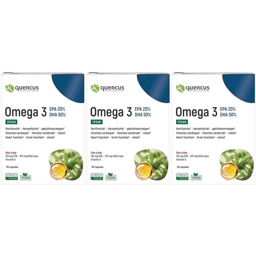 Trois paquets de Quercus Omega 3 Vegan, 30 capsules chacun. Contient EPA et DHA.