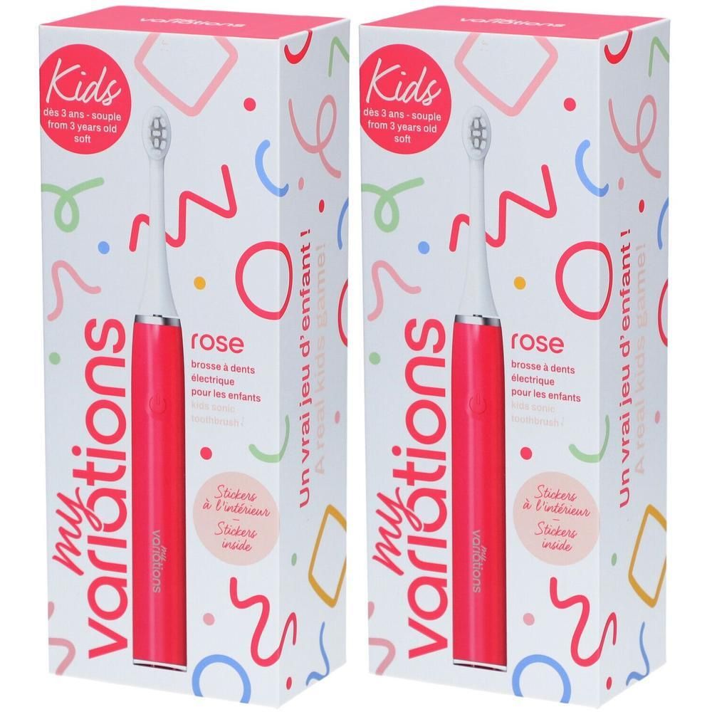 Deux brosses à dents électriques roses pour enfants de Myvariations, emballage coloré.