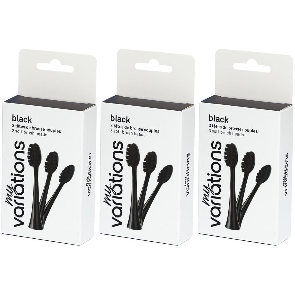 Trois paquets de têtes de brosse à dents noires à poils souples.