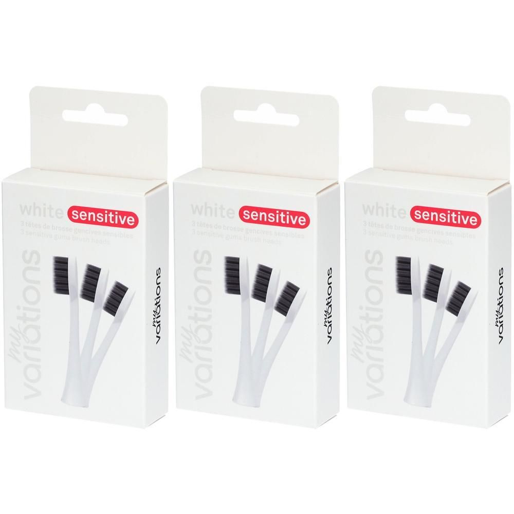 Trois paquets de têtes de brosse à dents blanches pour gencives sensibles.