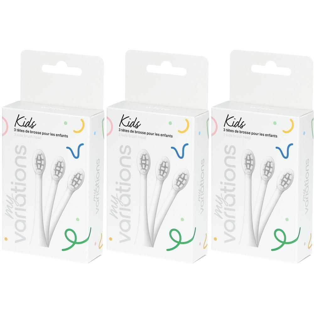 Trois brosses à dents blanches pour enfants en boîte. Marque : MyVariations.