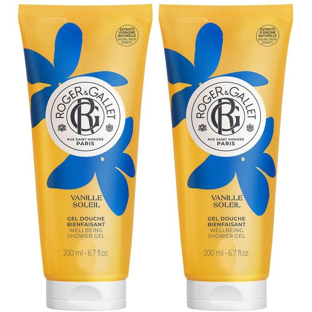 Deux tubes de gel douche jaune avec fleurs bleues et logo Roger & Gallet.