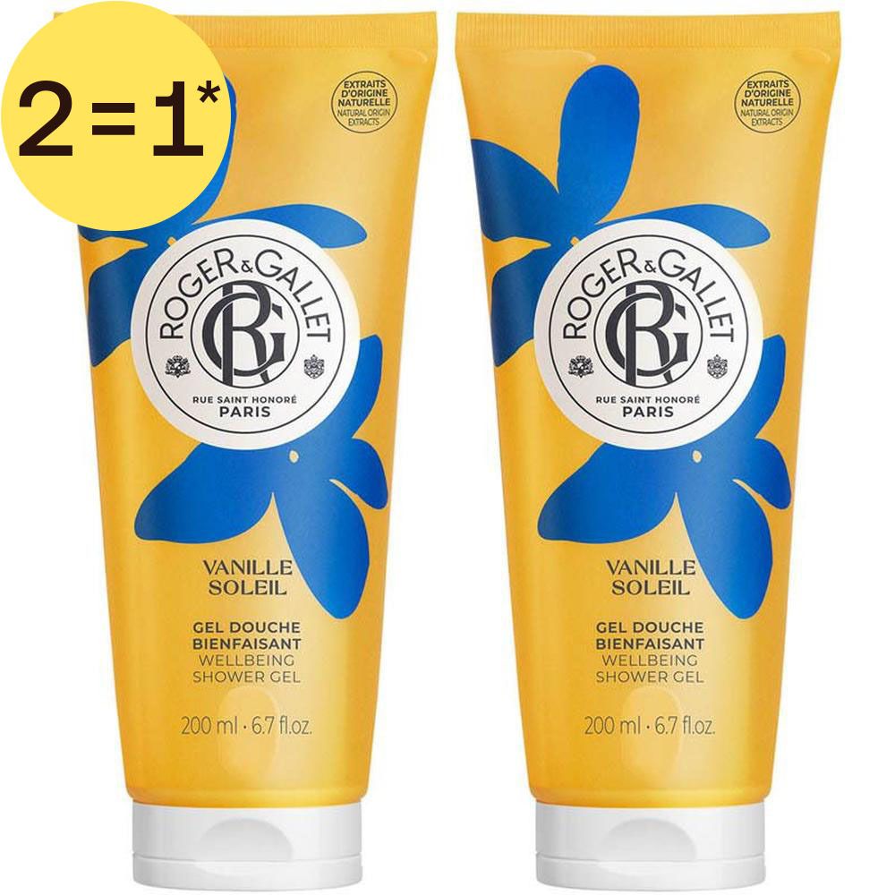 Twee gele tubes Roger&Gallet Vanille Soleil Douchegel, 200 ml.
