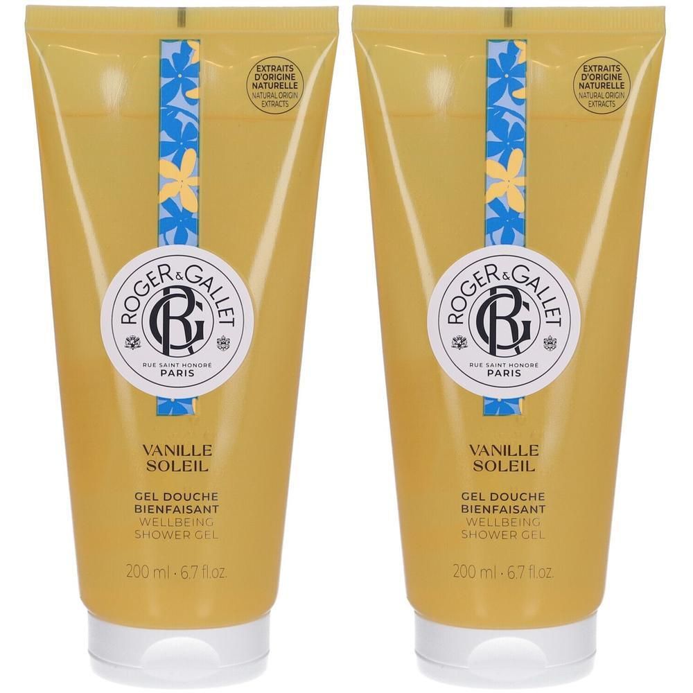 Twee gele tubes Roger&Gallet Vanille Soleil Douchegel, 200 ml.