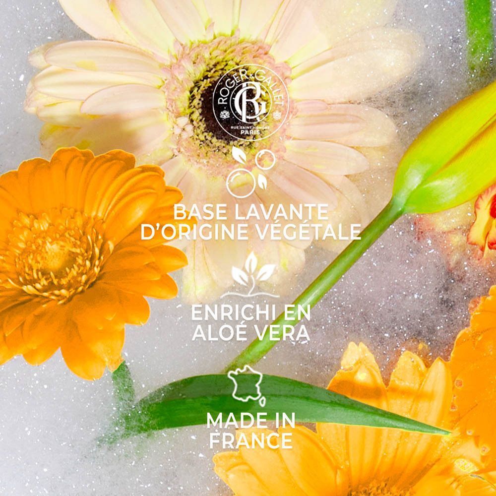 Gros plan sur des fleurs et de la mousse avec textes : "Base lavante d'origine végétale", "Enrichi en aloe vera", "Made in France".