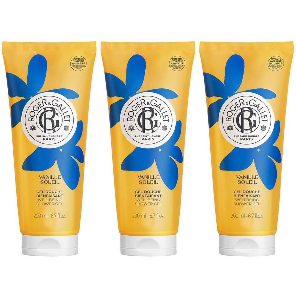 Drie tubes Roger & Gallet Vanille Soleil douchegel, blauw en geel design.