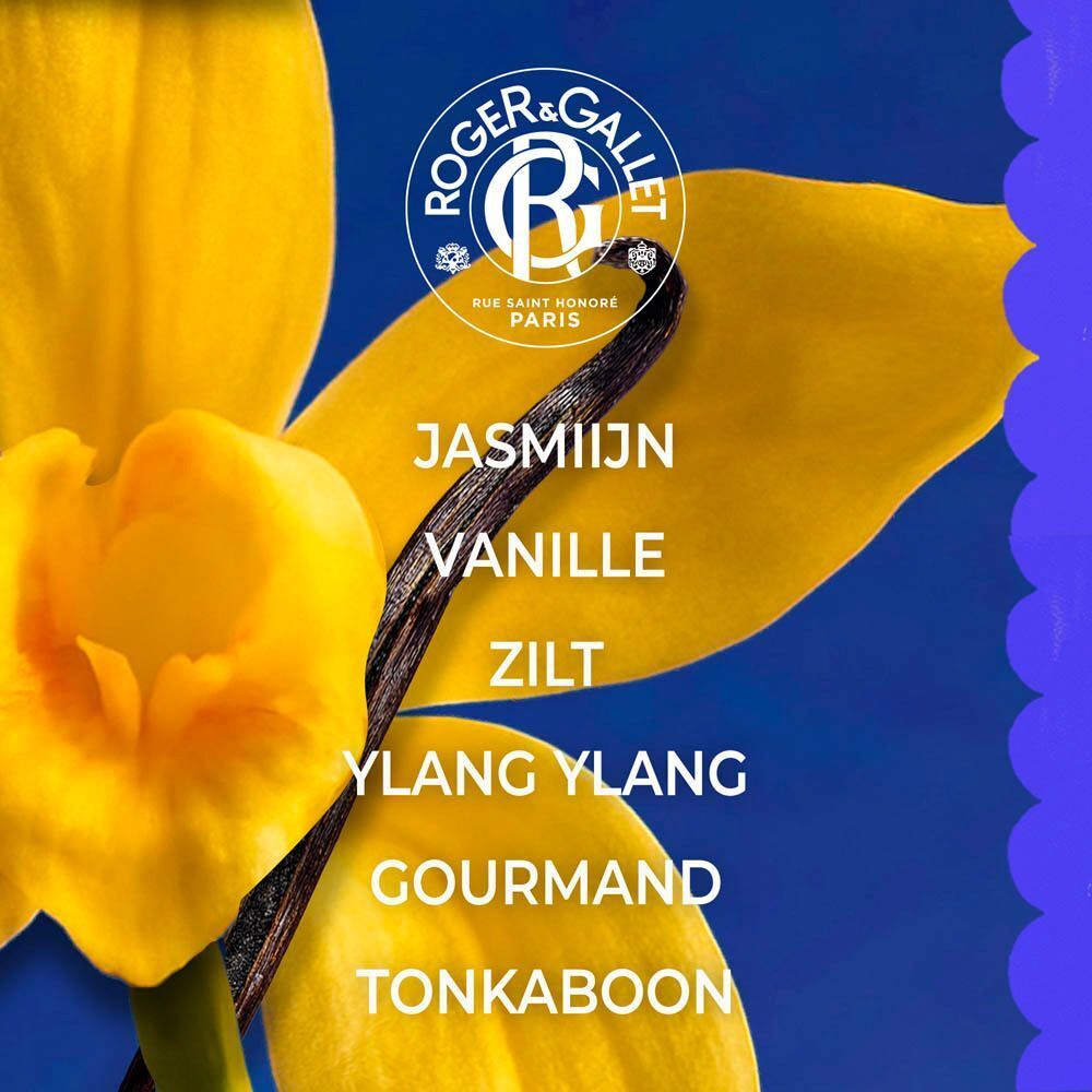 Douchegel Roger & Gallet Vanille Soleil met zonnebril en bloemen op gestreepte stoel.