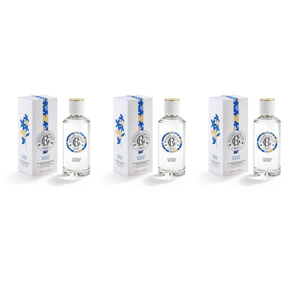 Trois flacons Roger & Gallet Eau Parfumée Vanille Soleil avec leurs boîtes.