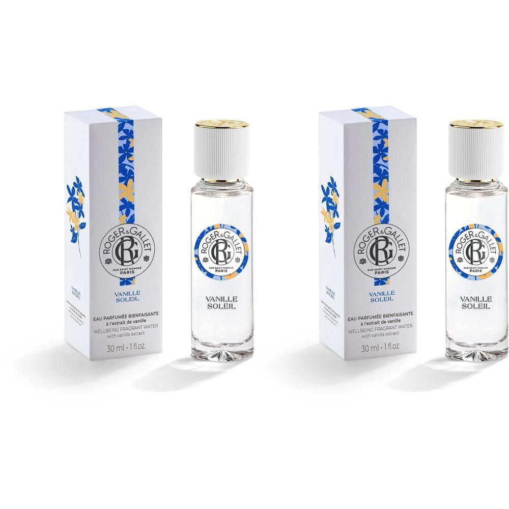 Twee Roger&Gallet Vanille Soleil parfumflesjes met doosjes.