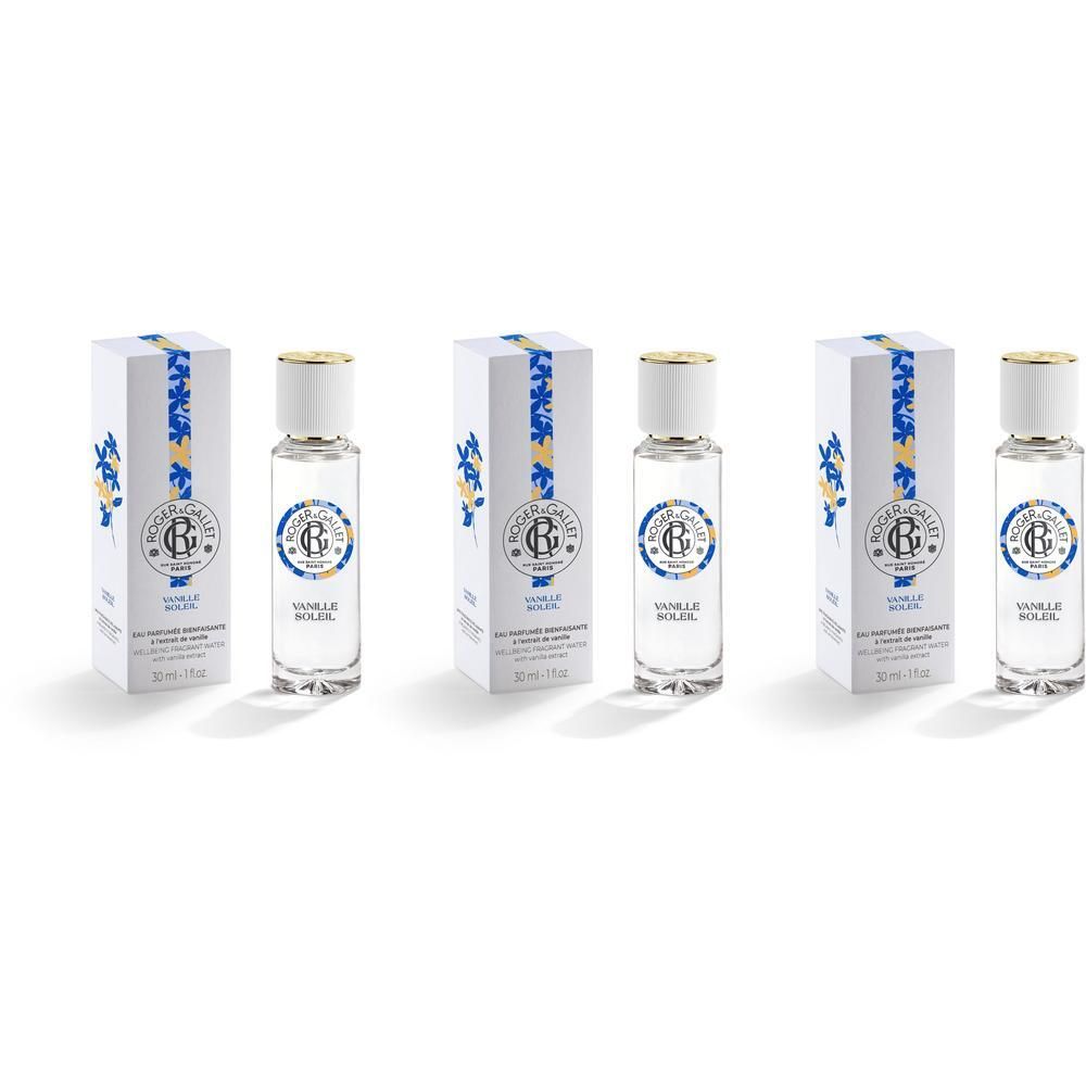 Trois flacons de Roger&Gallet Vanille Soleil Eau de Parfum avec leurs boîtes.