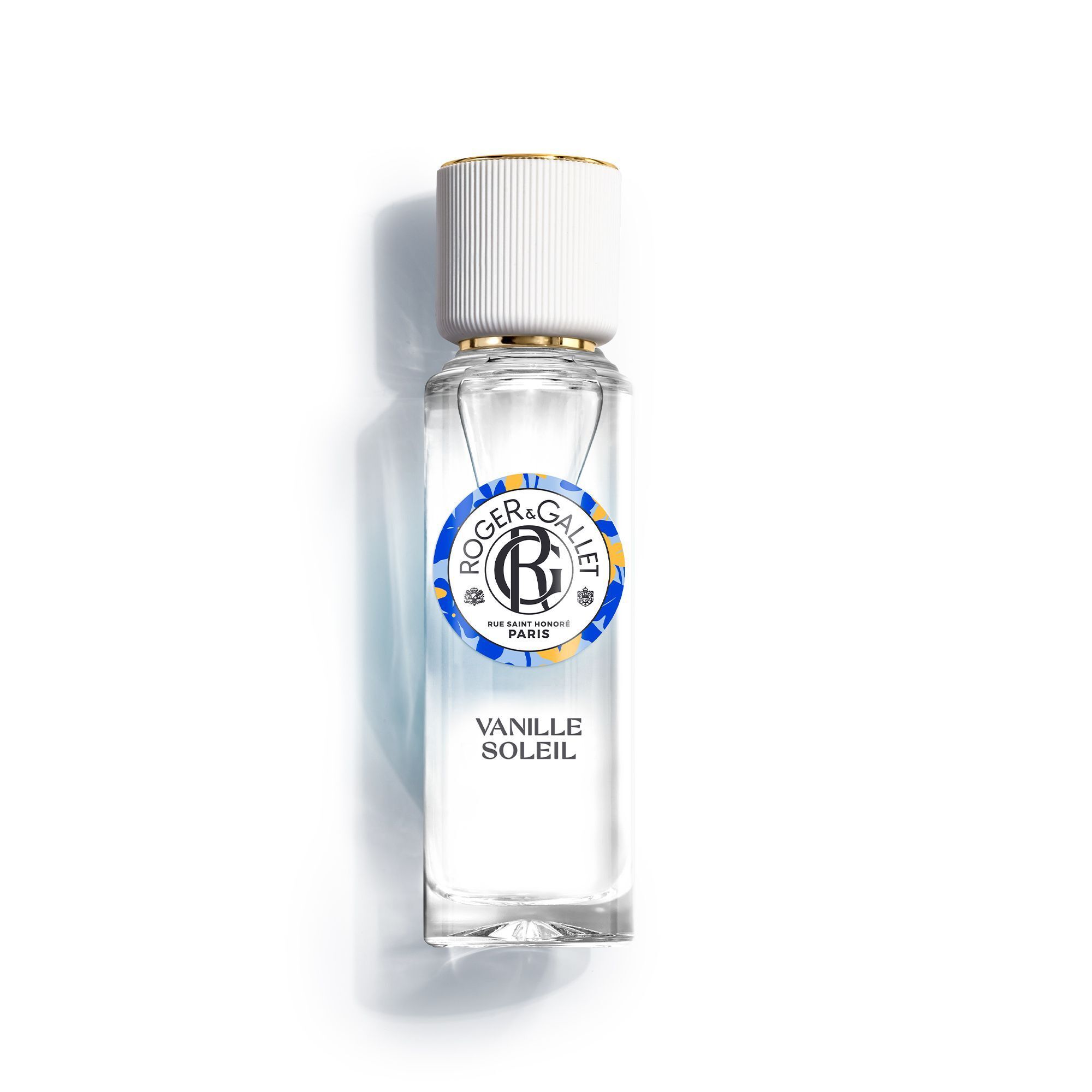 Un flacon de Roger&Gallet Vanille Soleil Eau de Parfum avec un bouchon blanc.