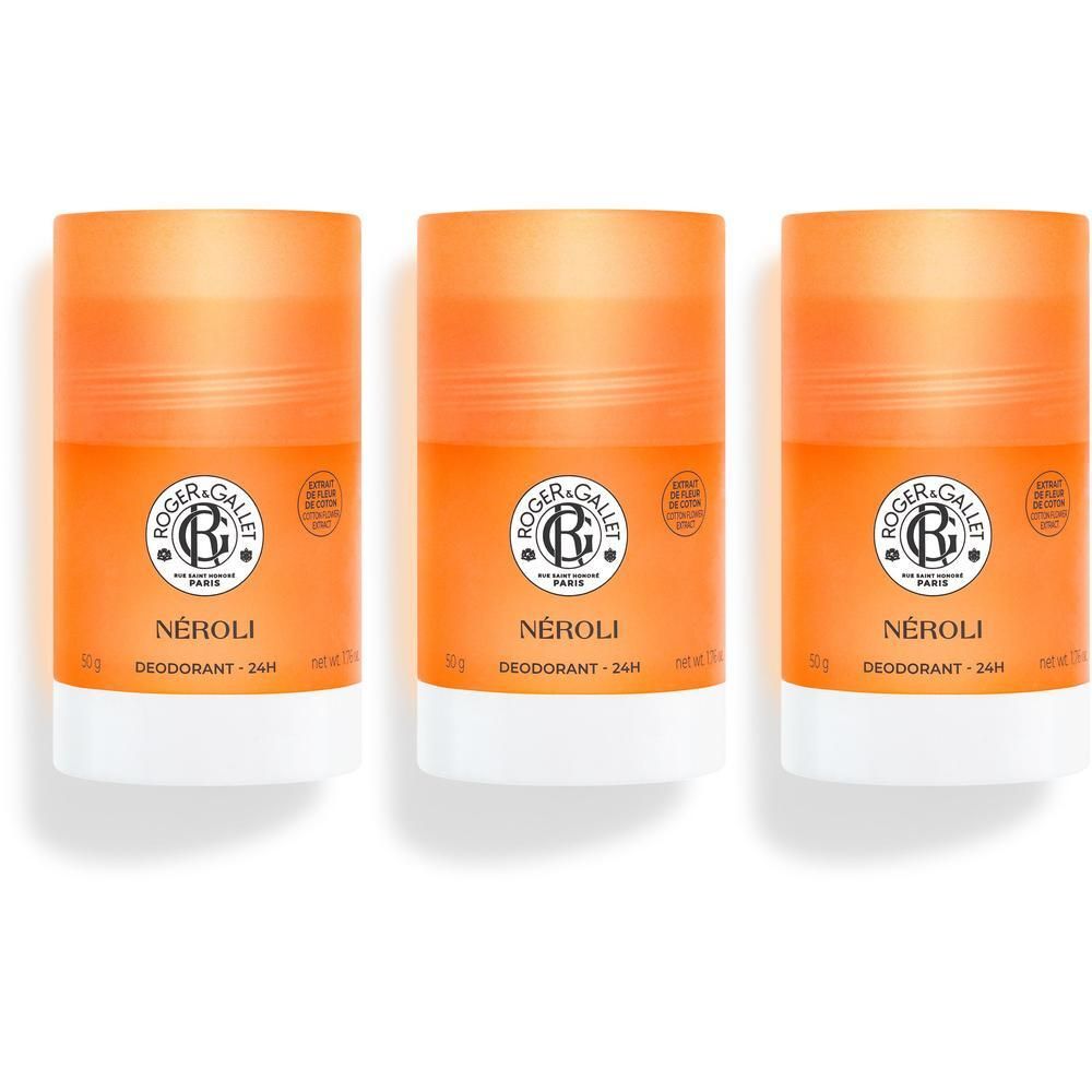 Trois déodorants Roger&Gallet Neroli 24H en bâtonnets dans des contenants orange et blanc, alignés côte à côte.