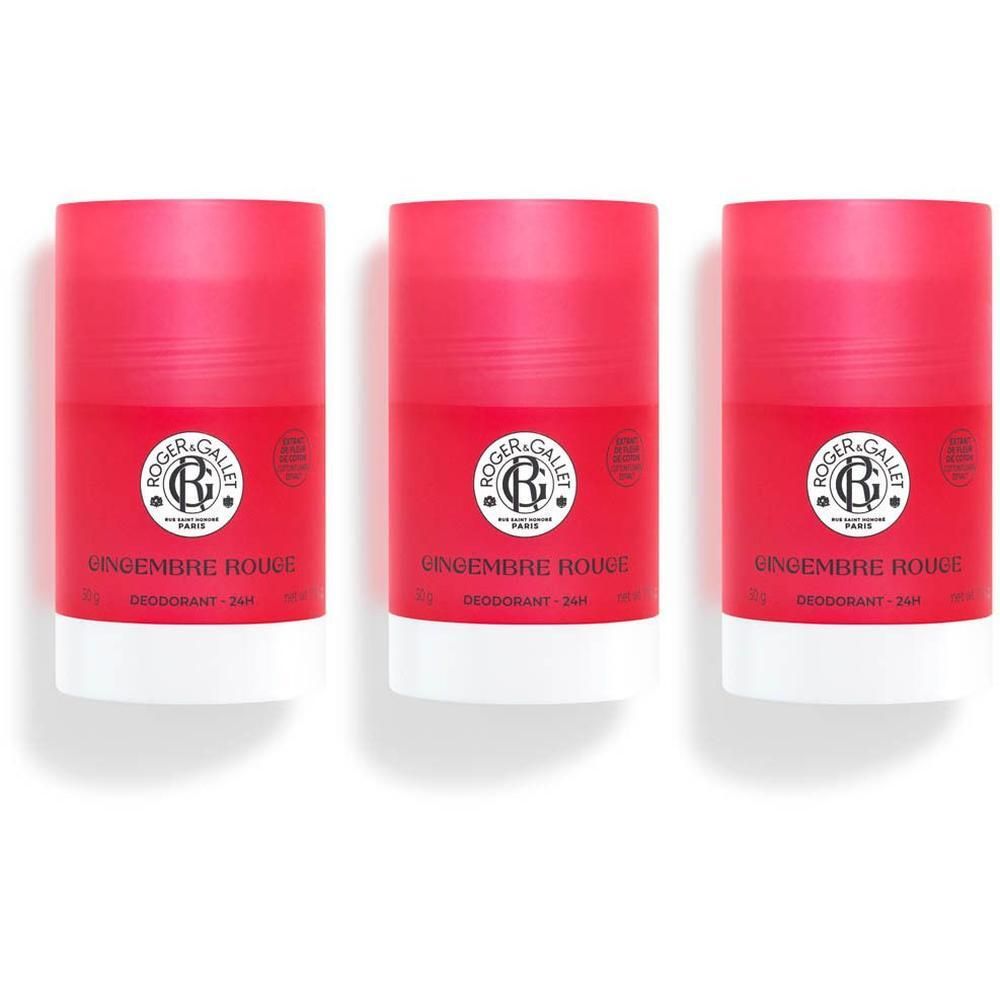 Trois déodorants Roger & Gallet Gingembre Rouge, avec étiquette rouge et base blanche.