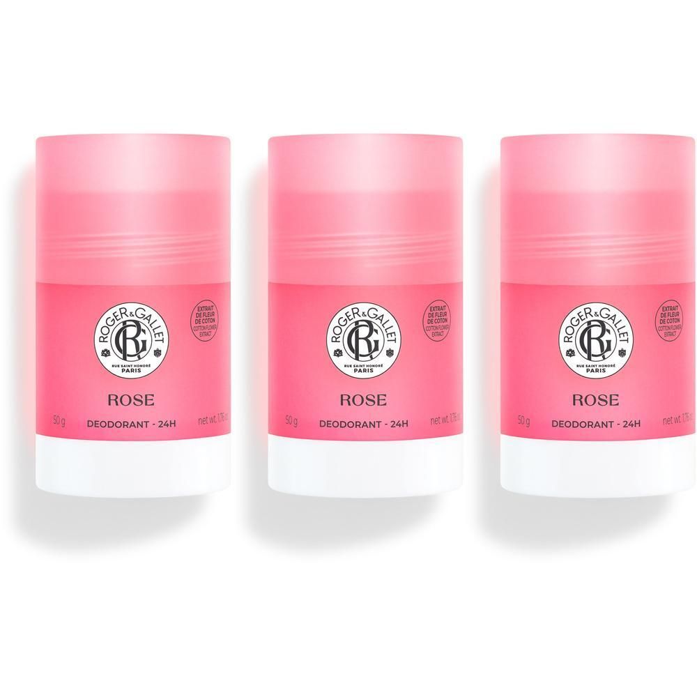 Trois déodorants Roger & Gallet Rose en stick, base blanche et partie supérieure rose.