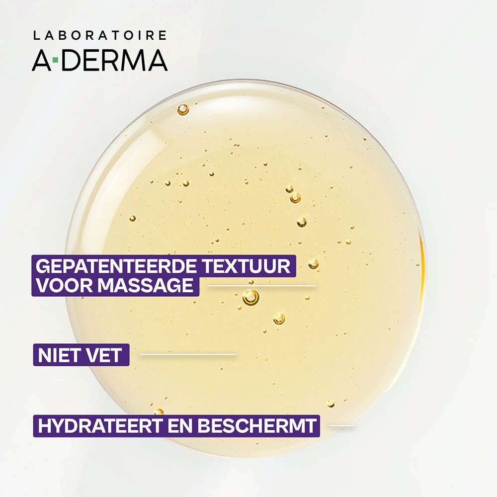 Druppel A-Derma Epitheliale Ultra Repair Gel-Olie met textuurkenmerken: gepatenteerd, niet-vet, hydraterend.
