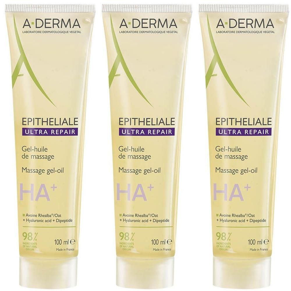 Drie tubes A-Derma Epitheliale Ultra Repair Massage Gel-Olie met HA+.