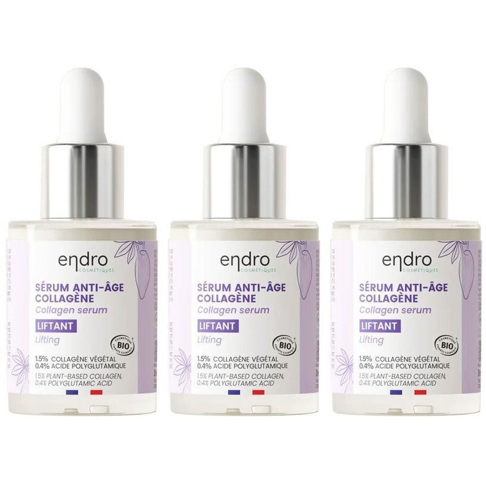 Trois flacons de sérum collagène Endro avec compte-gouttes. Sérum lifting anti-âge.