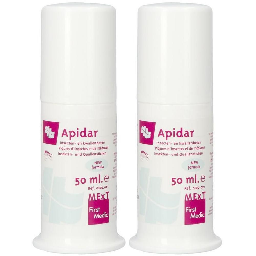 Twee witte flacons Apidar, 50 ml. Voor insecten- en kwallenbeten.
