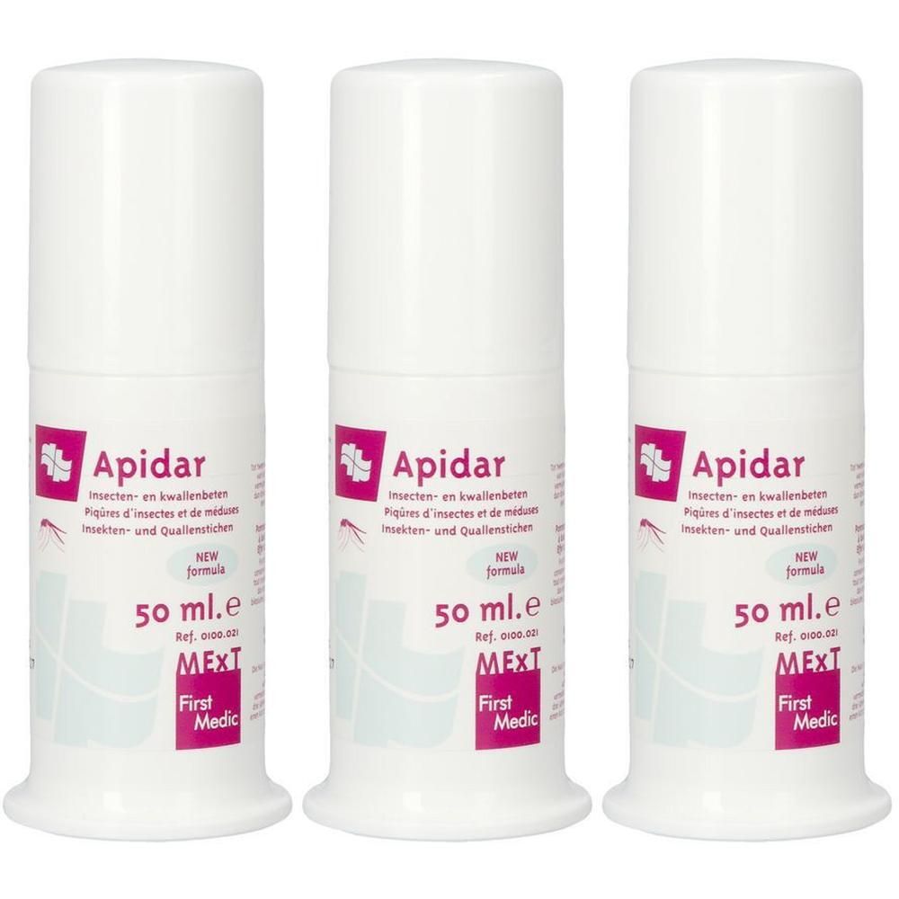 Trois flacons blancs Apidar de 50 ml chacun. Pour piqûres d'insectes et de méduses.