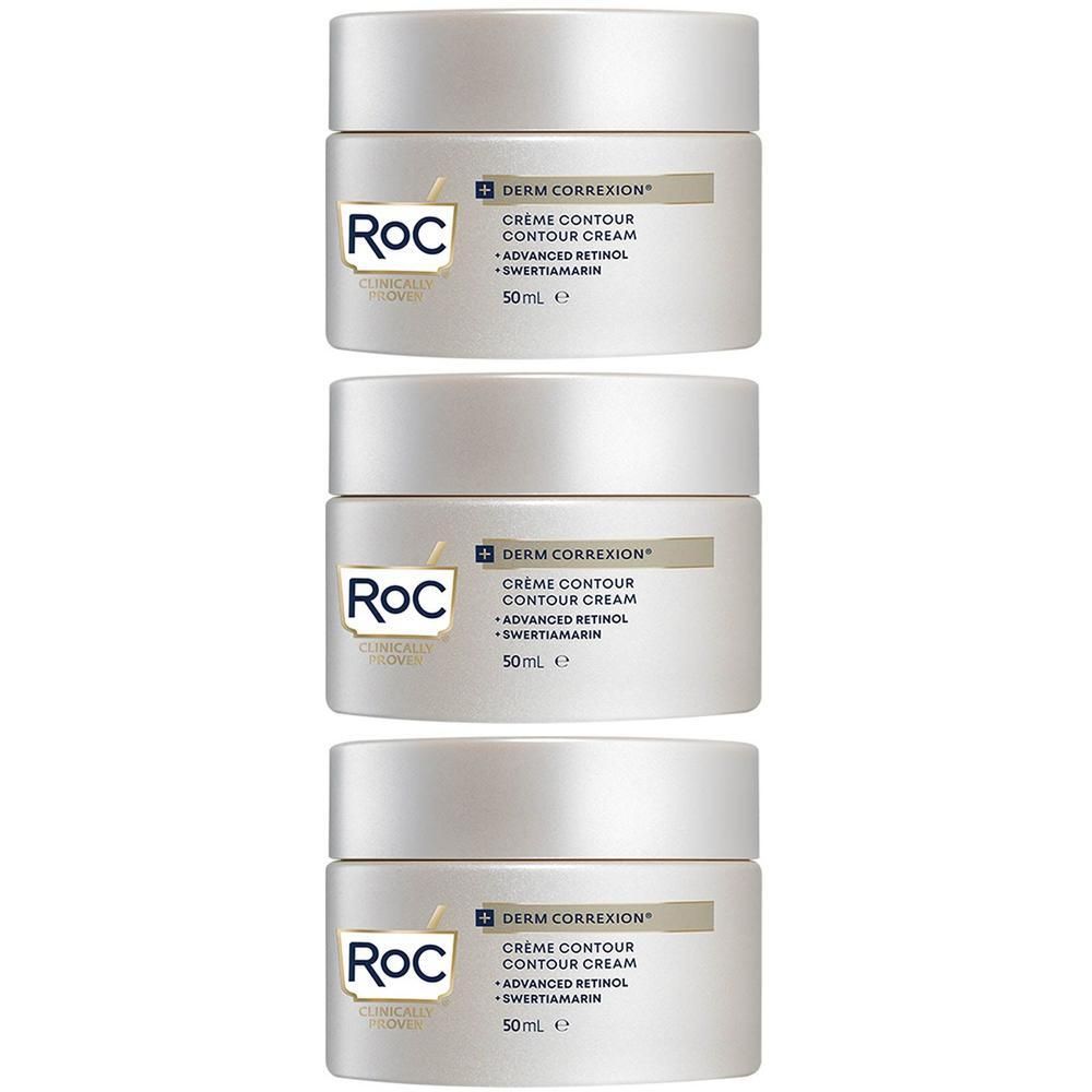 Drie RoC Derm Correxion contourcrème potjes naast elkaar.