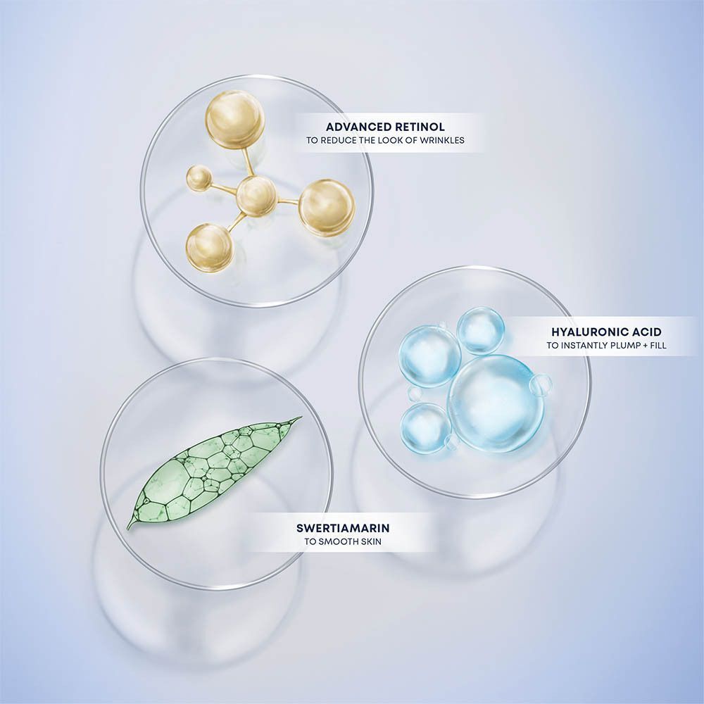 Moleculaire weergaven van retinol, hyaluronzuur en swertiamarine.