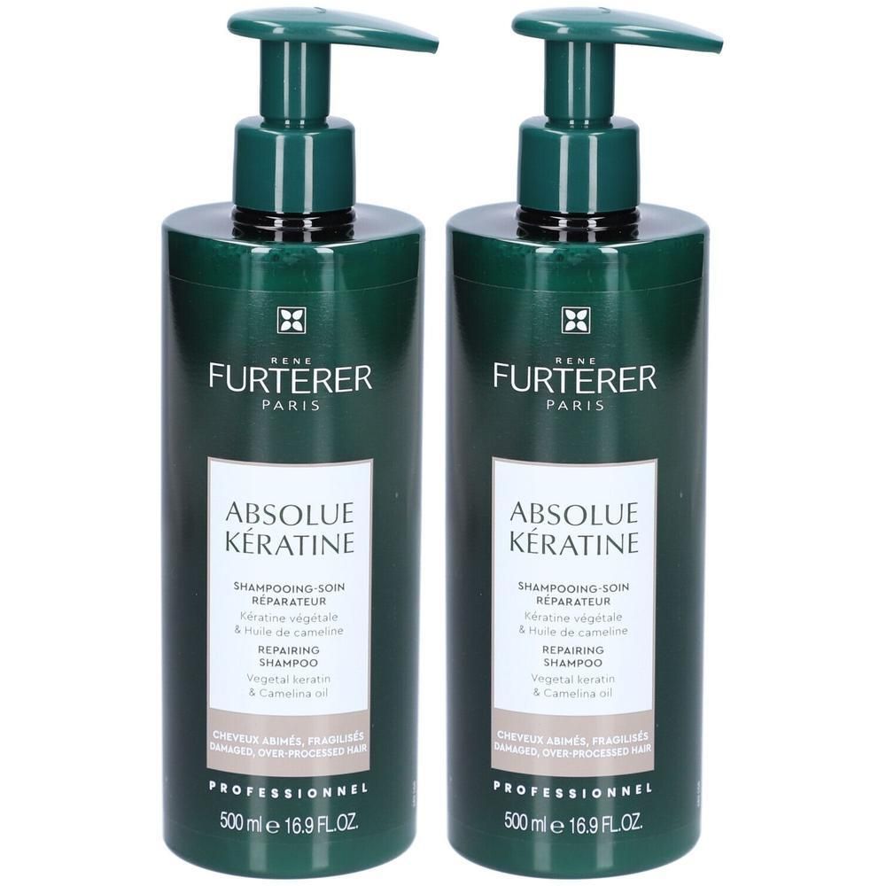 Deux flacons de shampooing réparateur René Furterer Absolue Kératine, 500 ml chacun.