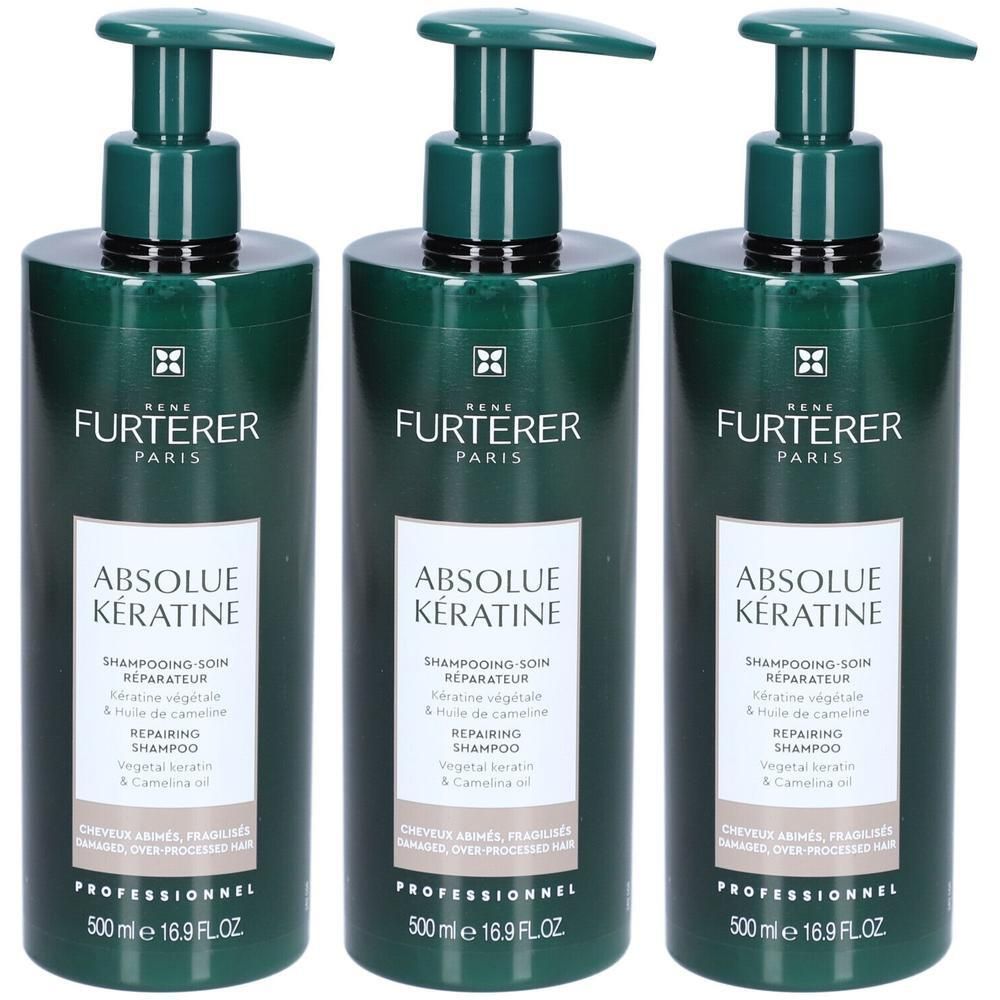 Trois flacons de shampooing réparateur Absolue Kératine René Furterer avec distributeurs.