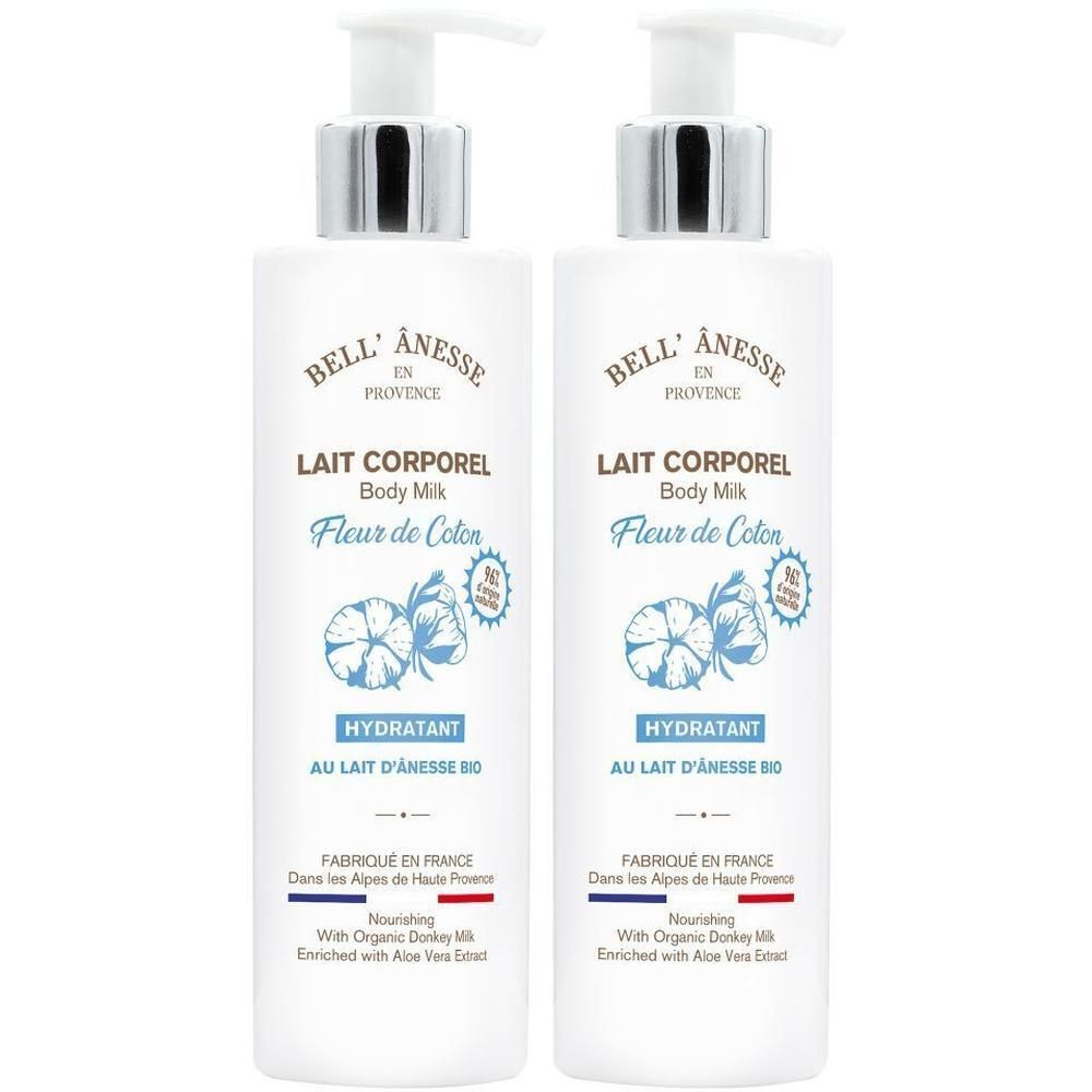 Deux flacons pompe blancs de Lait Corporel Bell Anesse Fleur de Coton.