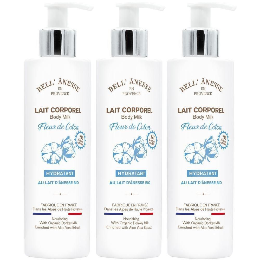 Trois flacons de Lait Corporel Bell Anesse Fleur de Coton avec distributeur.