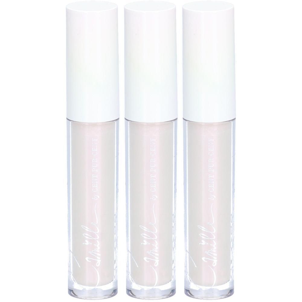 Trois tubes de gloss transparents avec capuchons blancs, contenant chacun un gloss clair et scintillant.