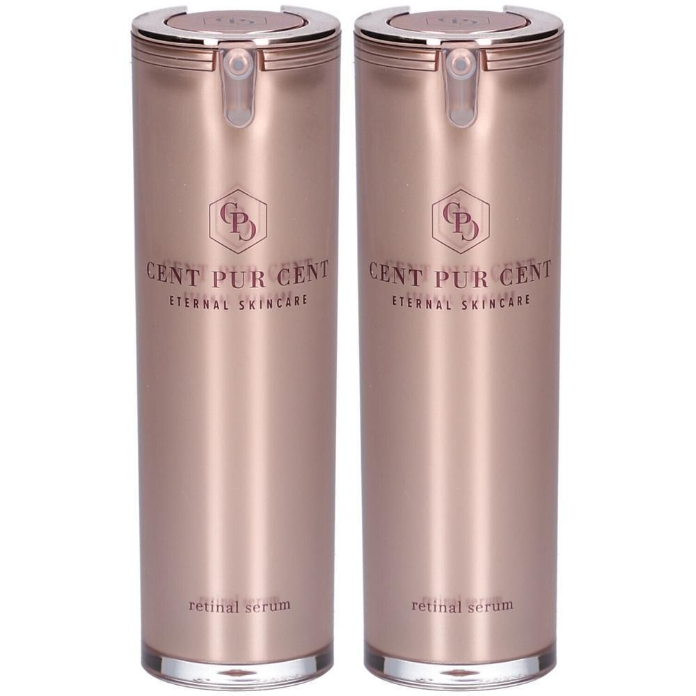 Twee flacons Cent Pur Cent Retinal Serum in roségoudkleur met pompdosering.