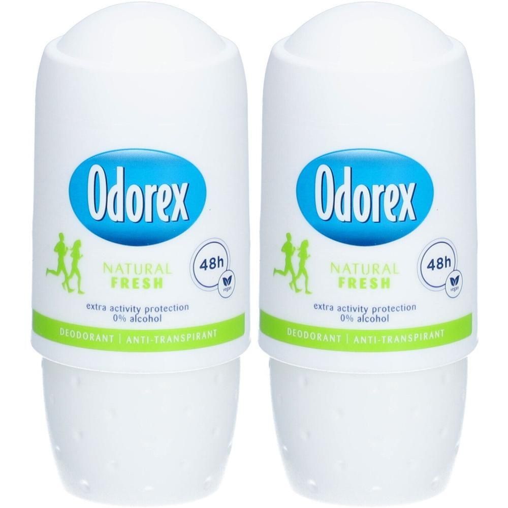 Deux déodorants Odorex Natural Fresh Roll-on. Protection 48h, 0% alcool.