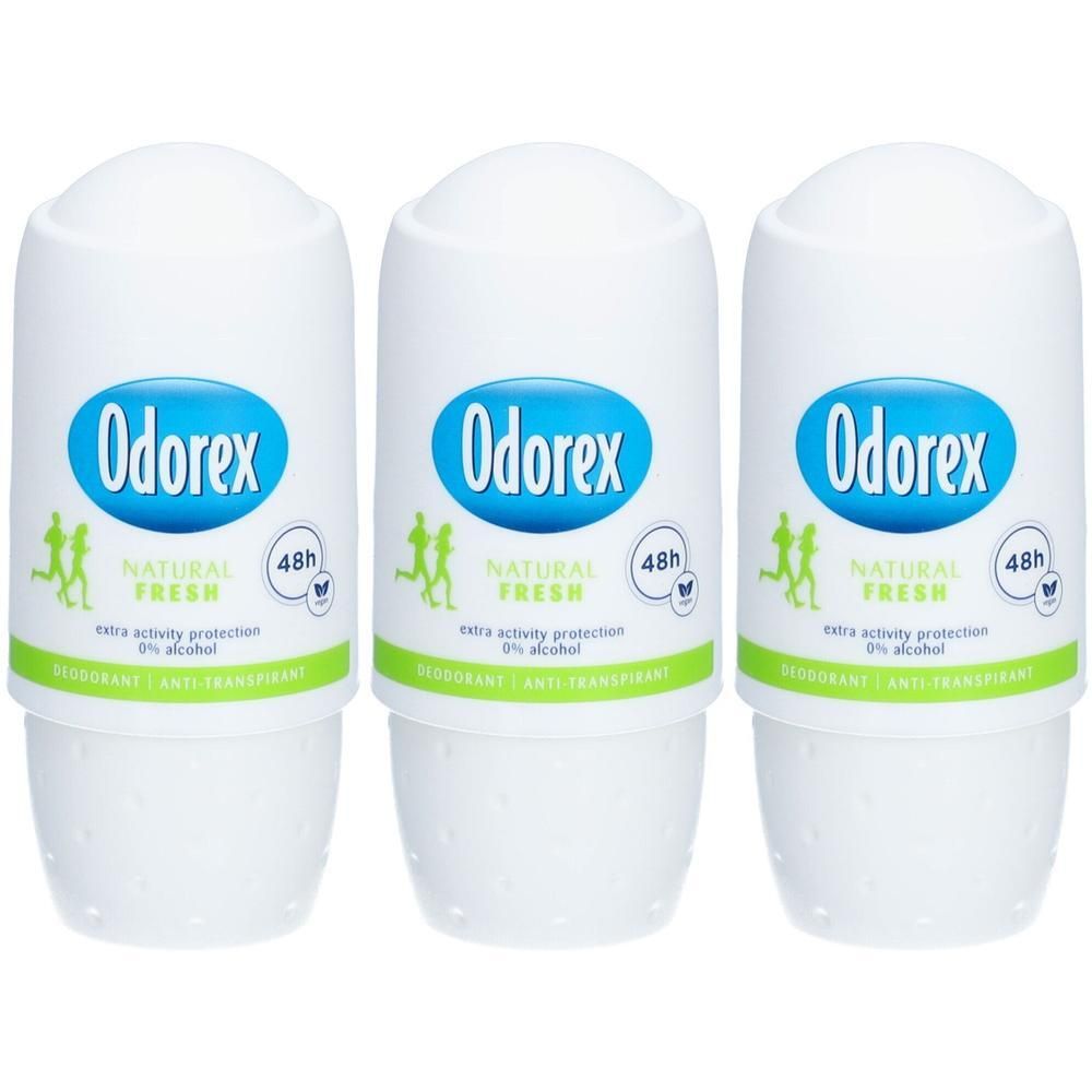Drie Odorex Natural Fresh roll-on deodorants met 48u bescherming en 0% alcohol.