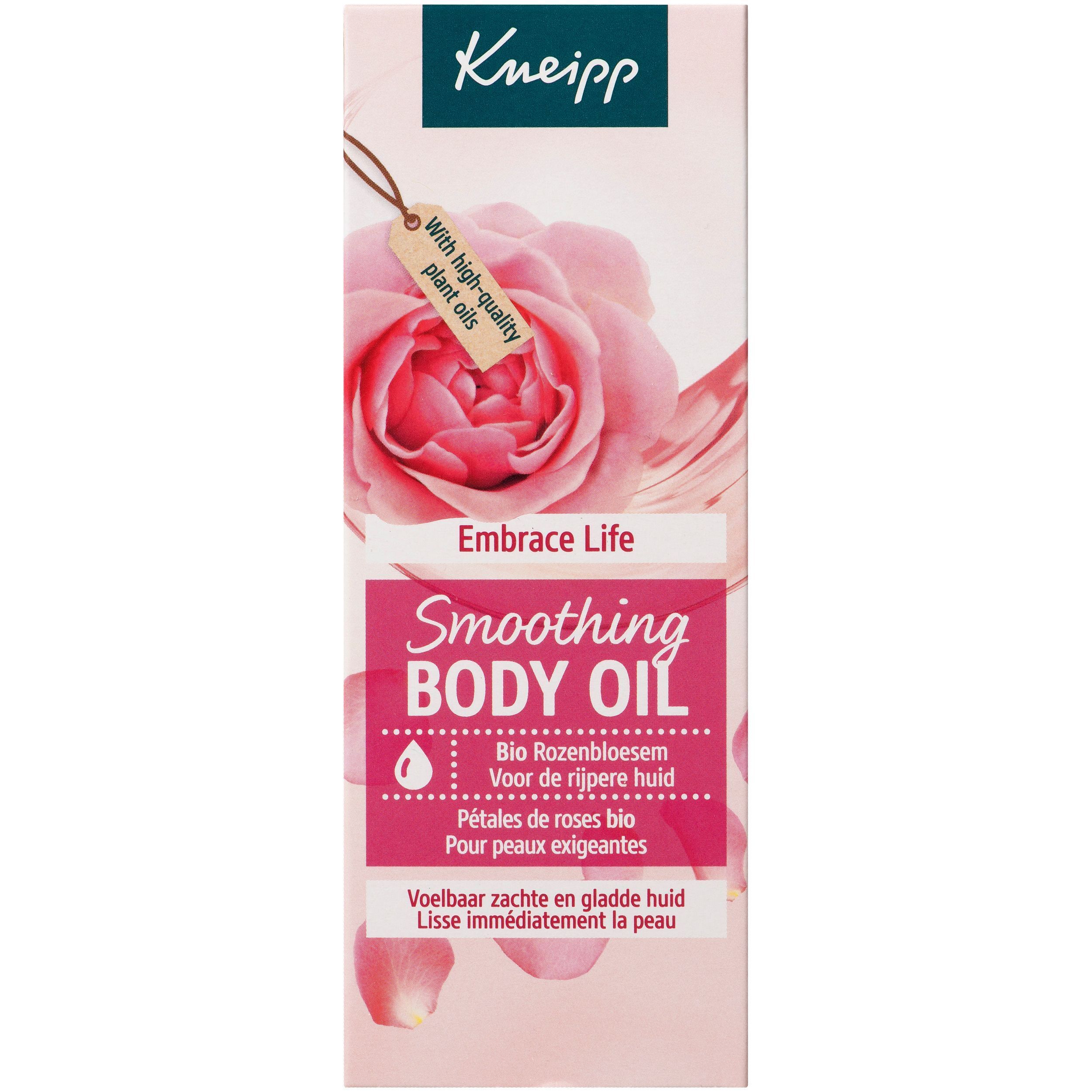 Doos van Kneipp Glanzende Lichaamsolie Bio Rozenbloesem met rozenmotief en tekst.