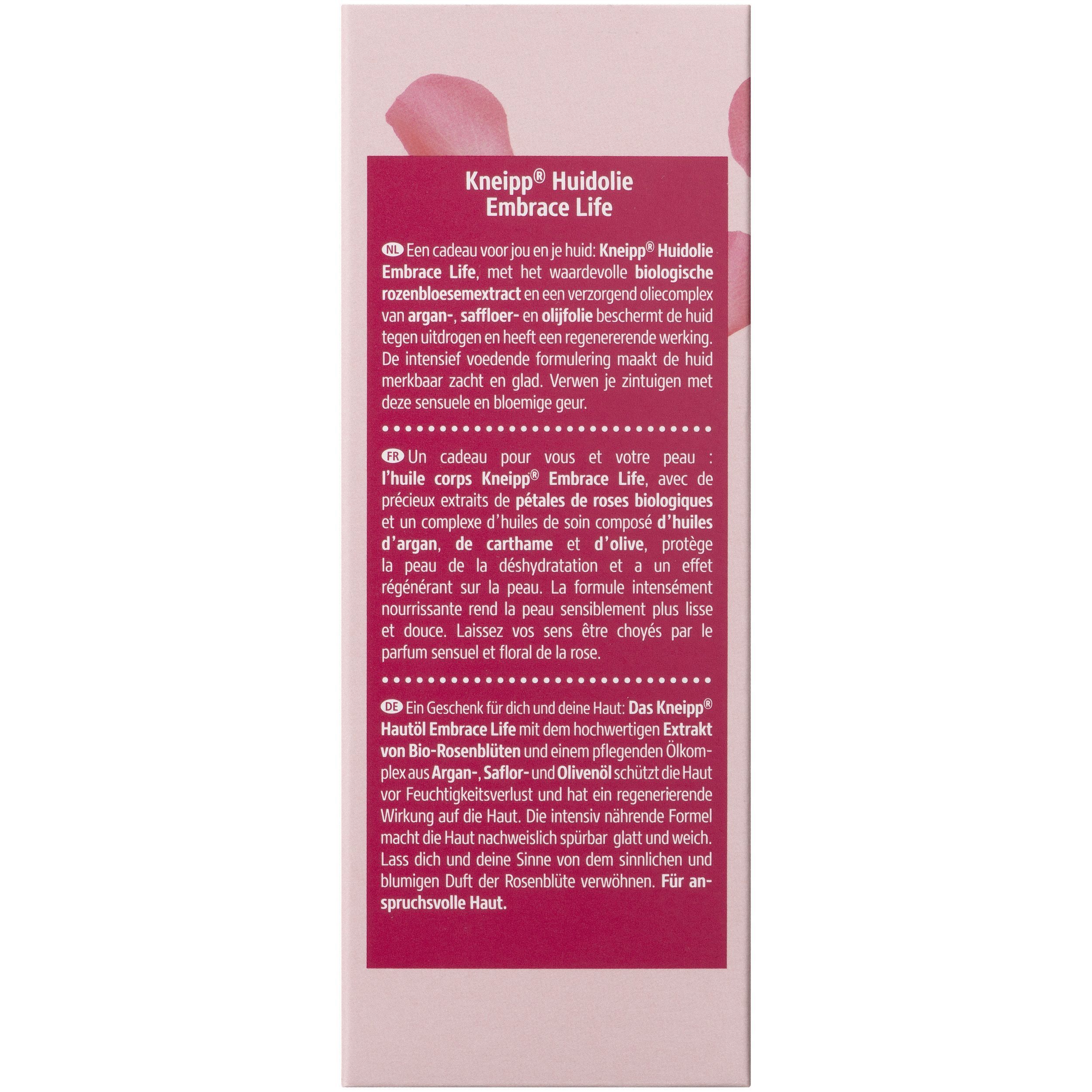 Zijde van de Kneipp Lichaamsolie verpakking met productbeschrijving in meerdere talen.