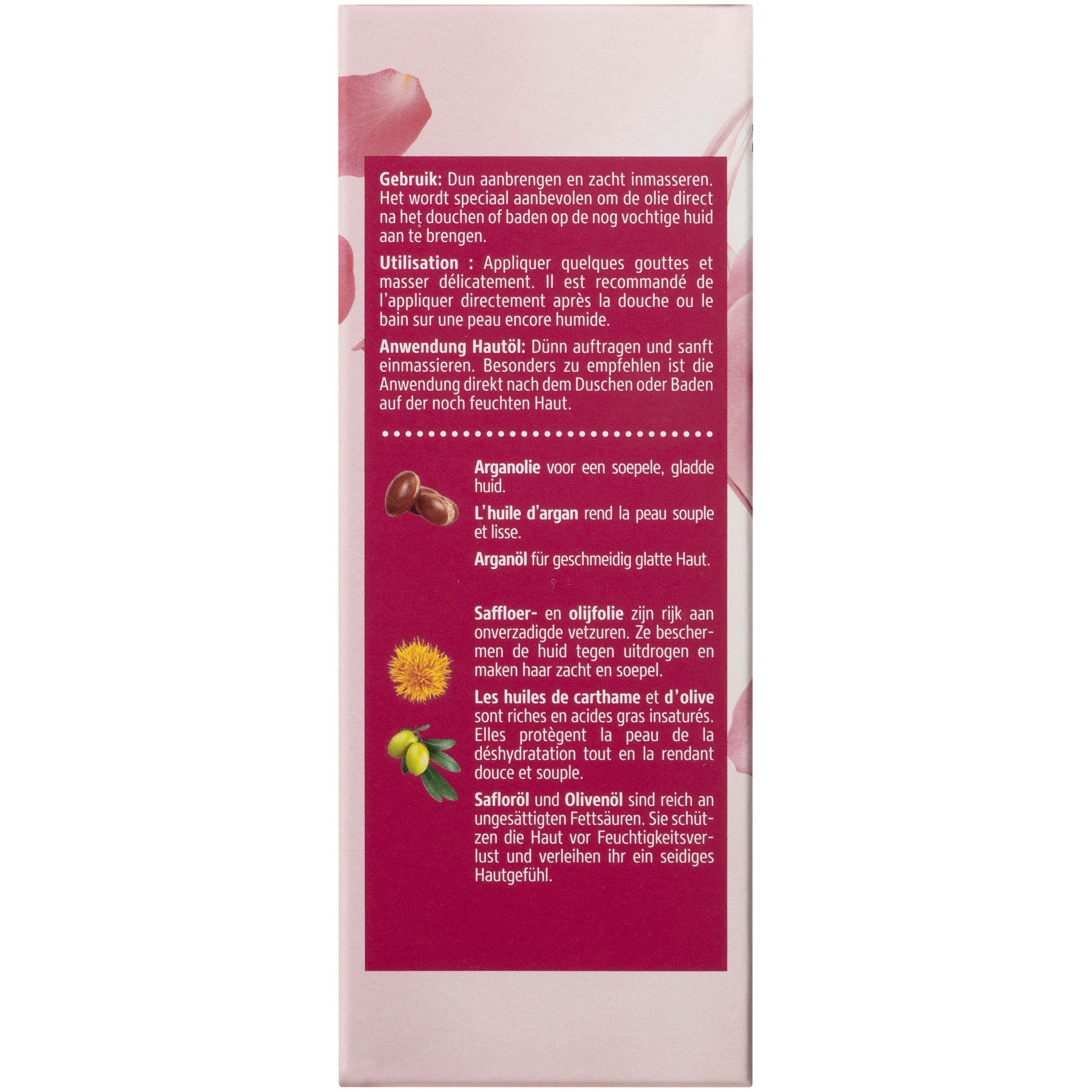 Arrière de l'emballage de l'huile corporelle Kneipp avec instructions d'utilisation et ingrédients.