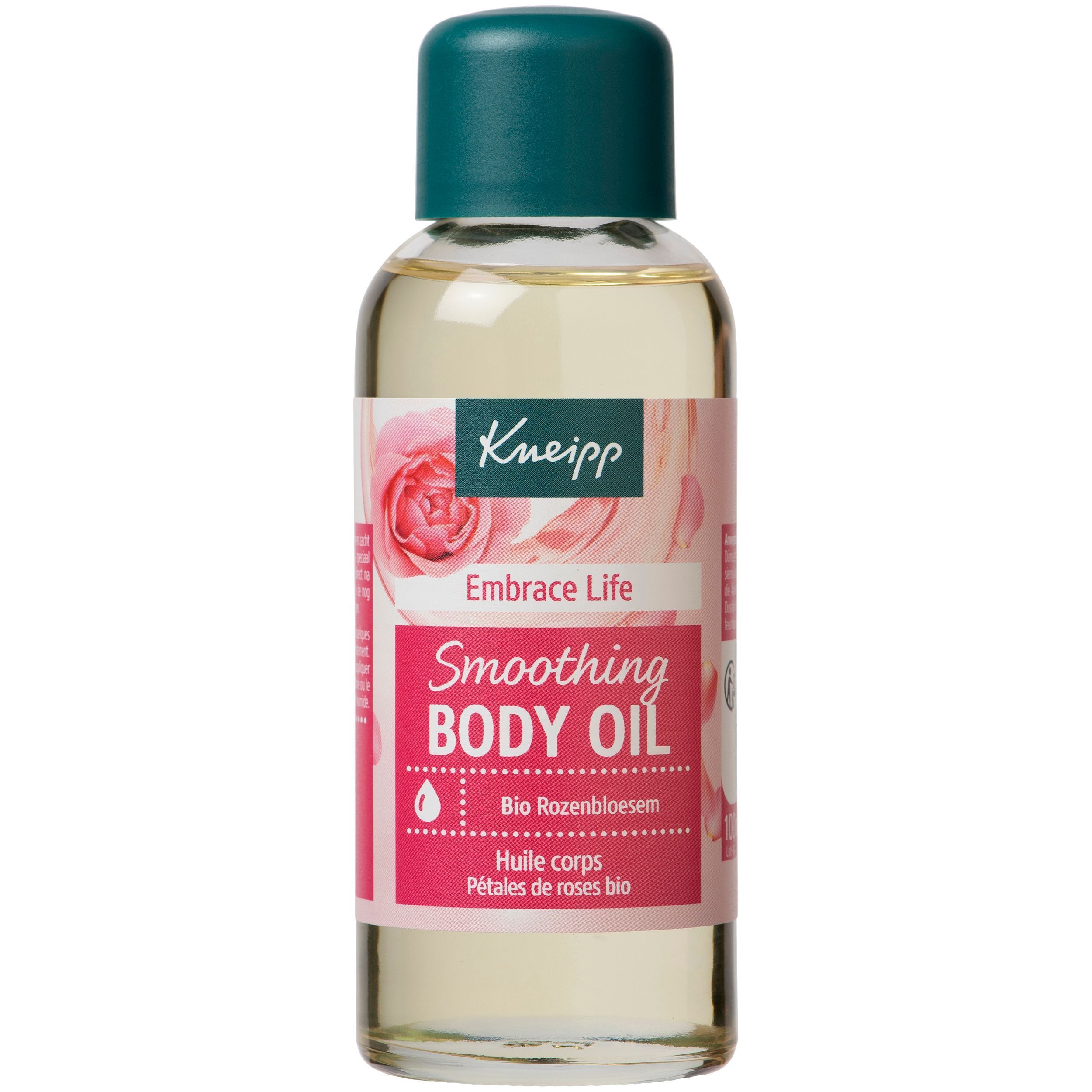 Een fles Kneipp lichaamsolie met rozenbloesemprint en groene dop.