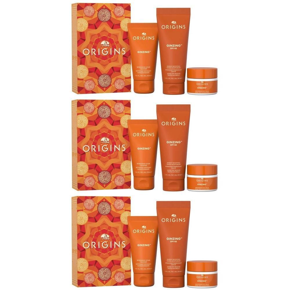 Origins Ginzing™ geschenkset met twee tubes en twee potjes in geschenkverpakking.