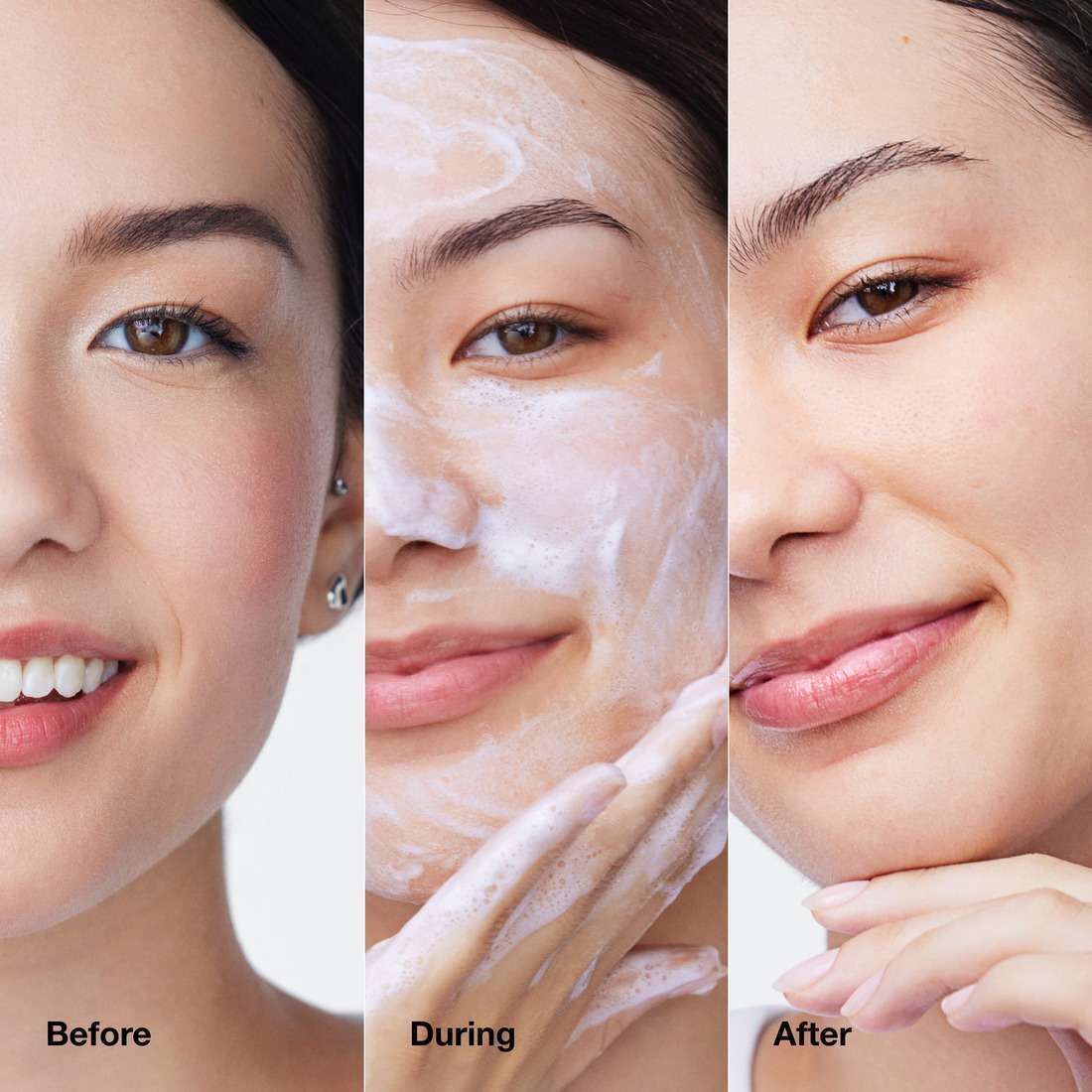 Trois étapes du nettoyage du visage : avant, pendant et après.
