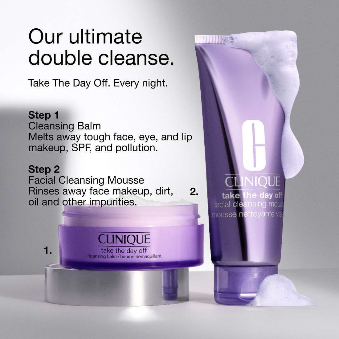 Clinique Take The Day Off™ reinigingsbalsem en gezichtsreinigingsmousse voor dubbele reiniging.
