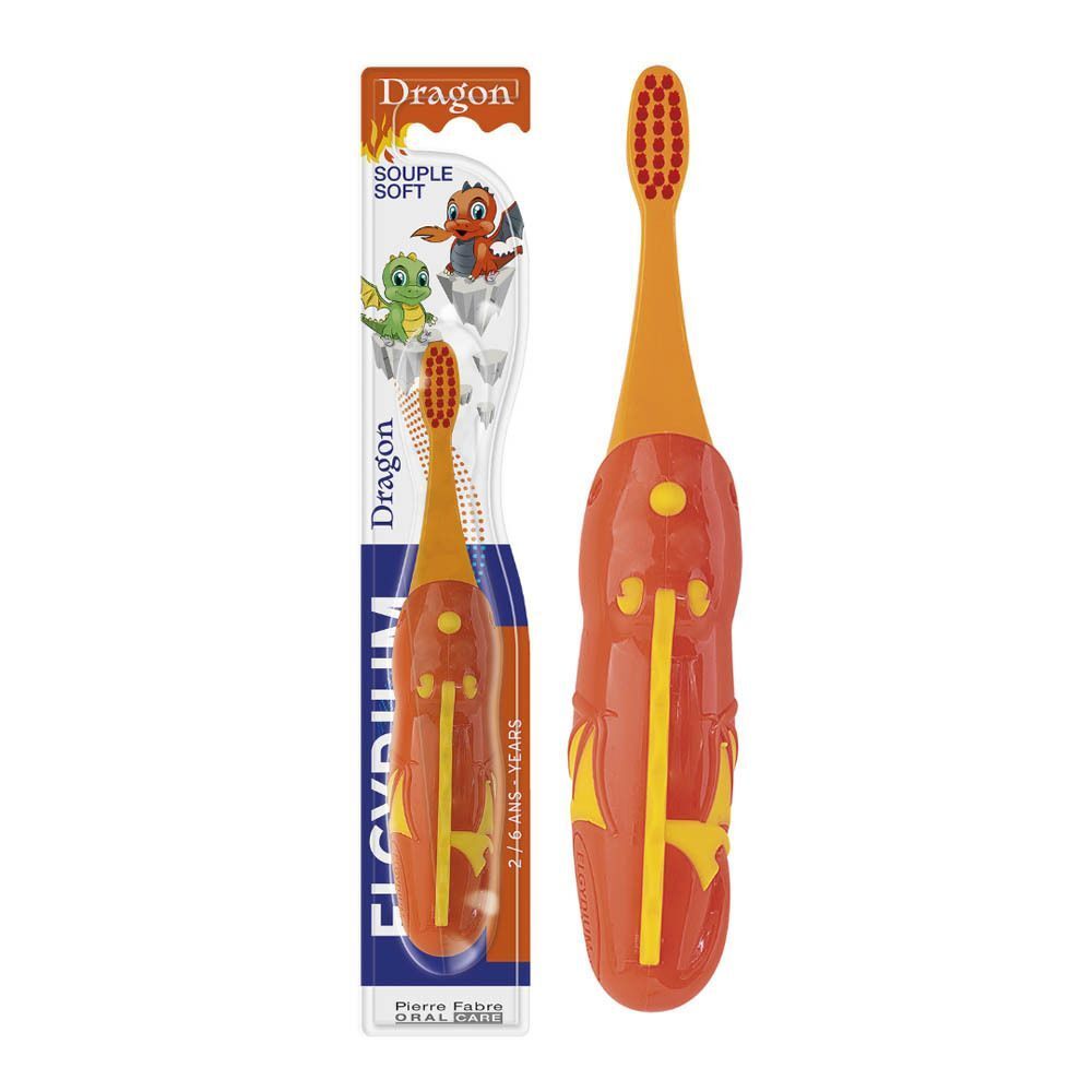 Une brosse à dents Elgydium Kids Dragon, orange et rouge, pour enfants de 2 à 6 ans.