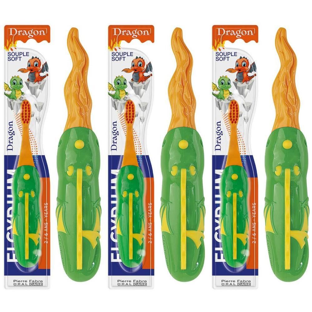 Cinq brosses à dents Elgydium Kids Dragon, 2-6 ans, souple, orange et verte.
