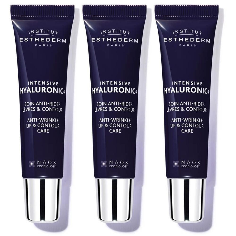 Drie tubes Institut Esthederm Intensive Hyaluronic+ Anti-Rimpel Lip & Contour Care.