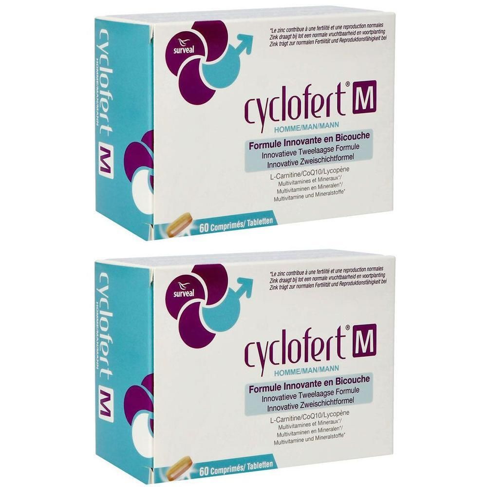 Deux boîtes de Cyclofert M pour hommes, 60 comprimés chacune. Contient L-Carnitine, CoQ10 et Lycopène.