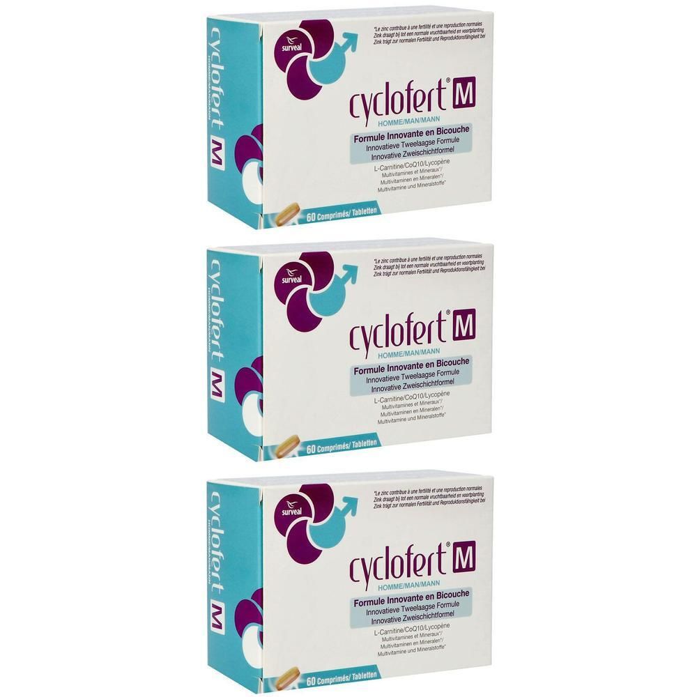 Trois boîtes de Surveal Cyclofert M pour hommes, 60 comprimés par boîte.