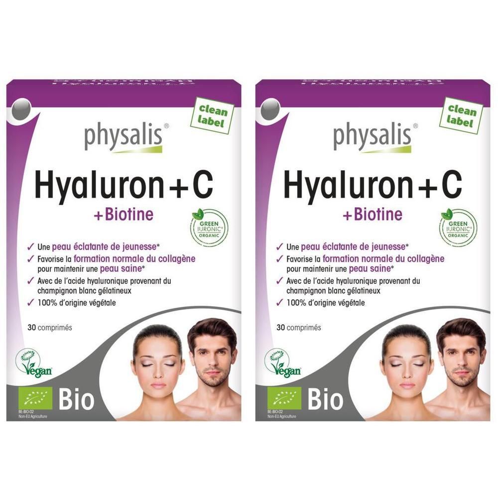 Deux boîtes de compléments alimentaires Physalis Hyaluron + C + Biotine, 30 comprimés chacune.