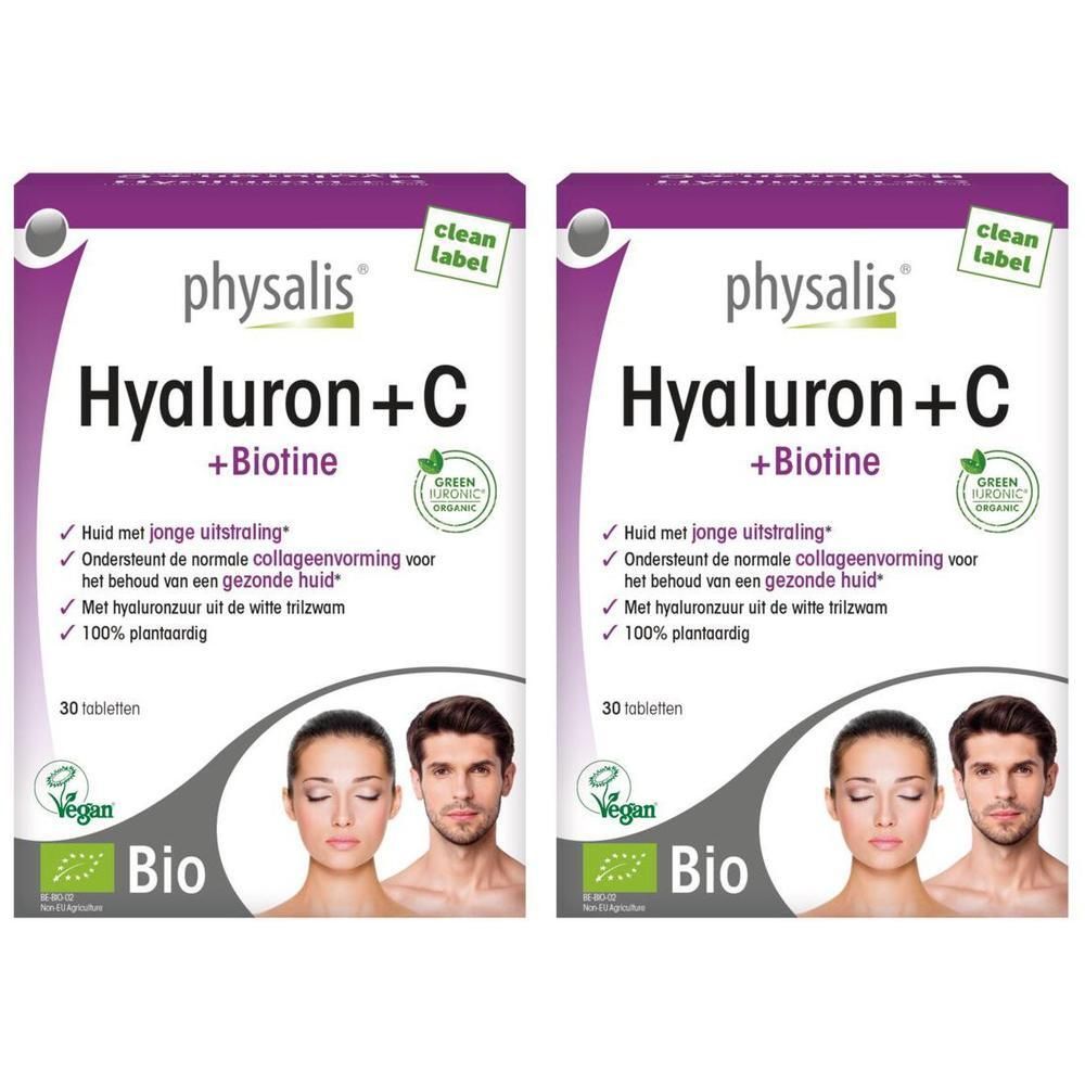 Twee verpakkingen Physalis Hyaluron + C + Biotine voedingssupplementen, elk 30 tabletten.