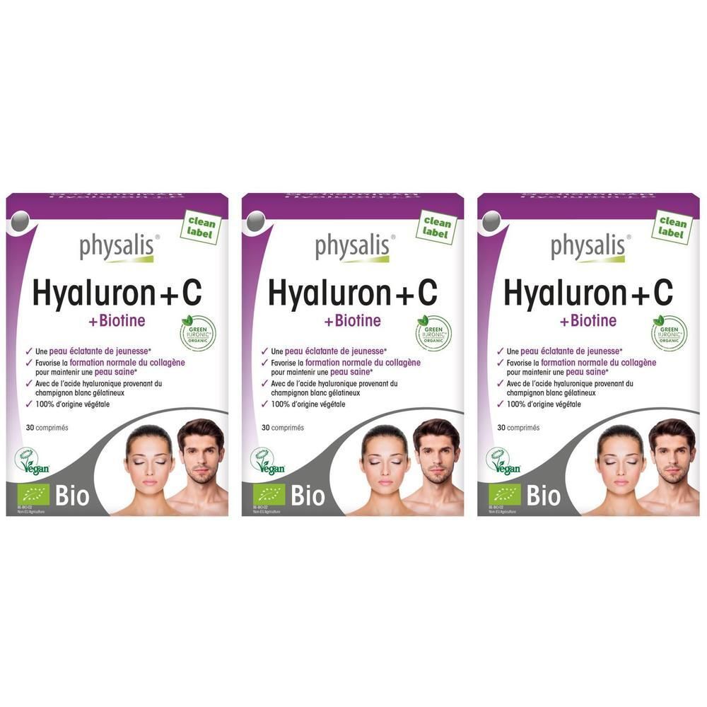 Trois boîtes de Physalis Hyaluron + C + Biotine. Images de femme et d'homme. Sceau Bio visible.
