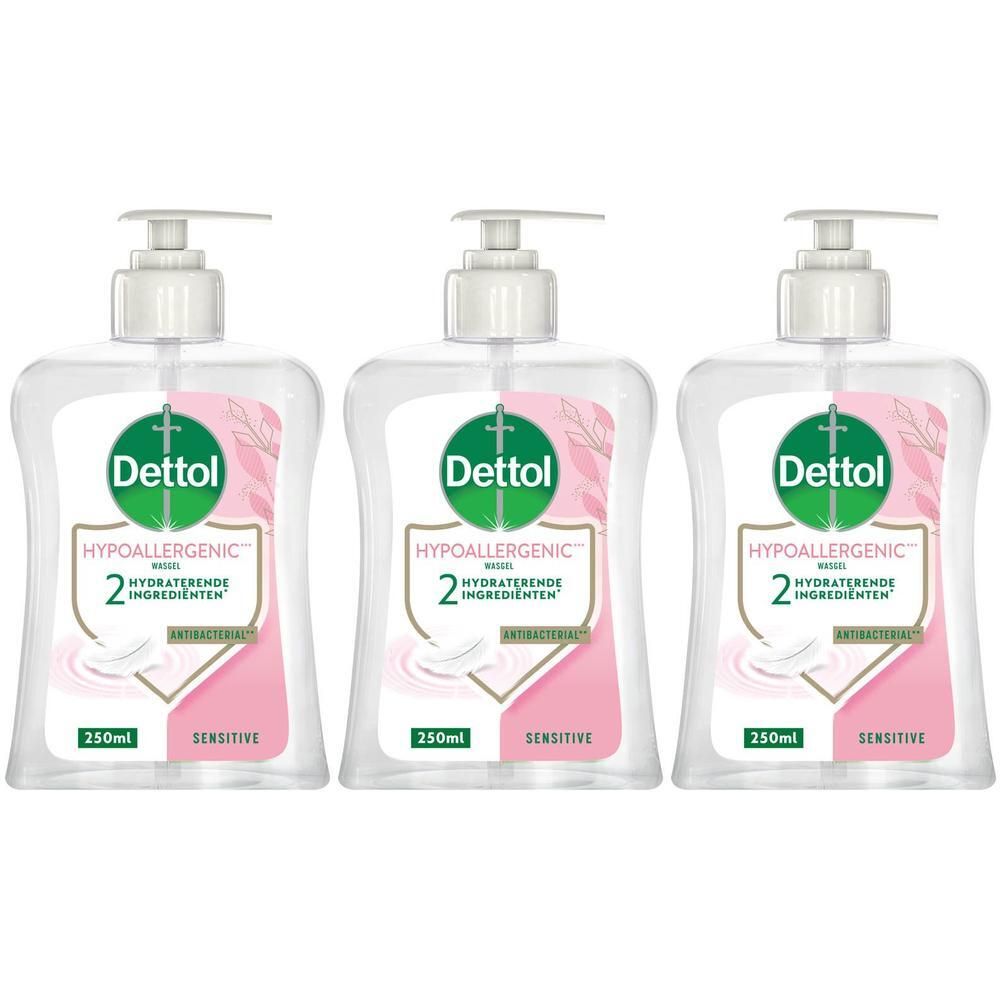 Drie flessen Dettol Hypoallergenic Gel Lavant met pompdosering, 250ml.