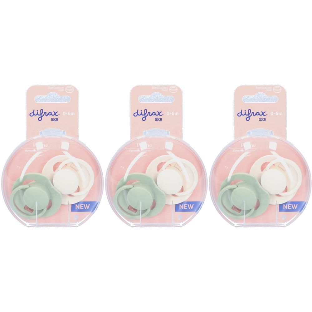 Drie Difrax fopspenen 0-6M in pistache en crème, verpakt.